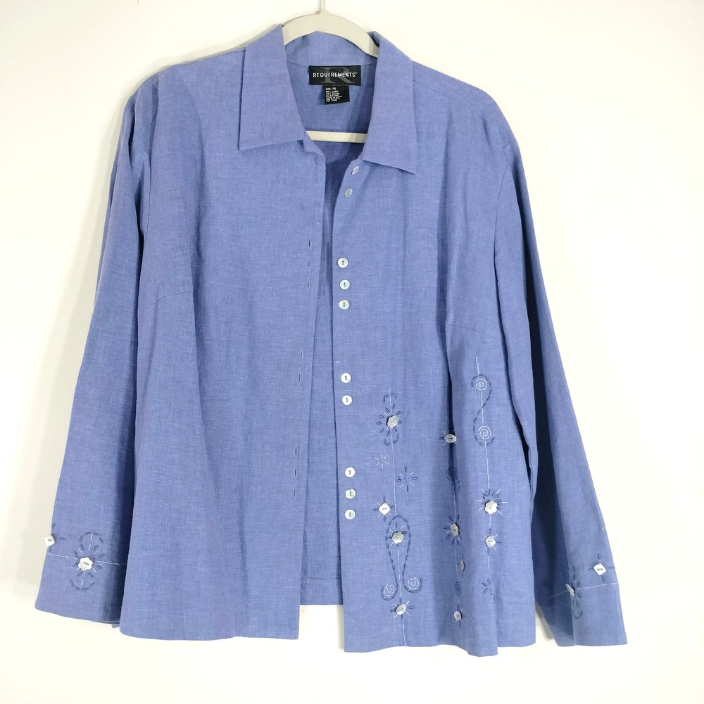 Requirements Vintage Button Up Shirt; Linen Blend Floral Embroidery